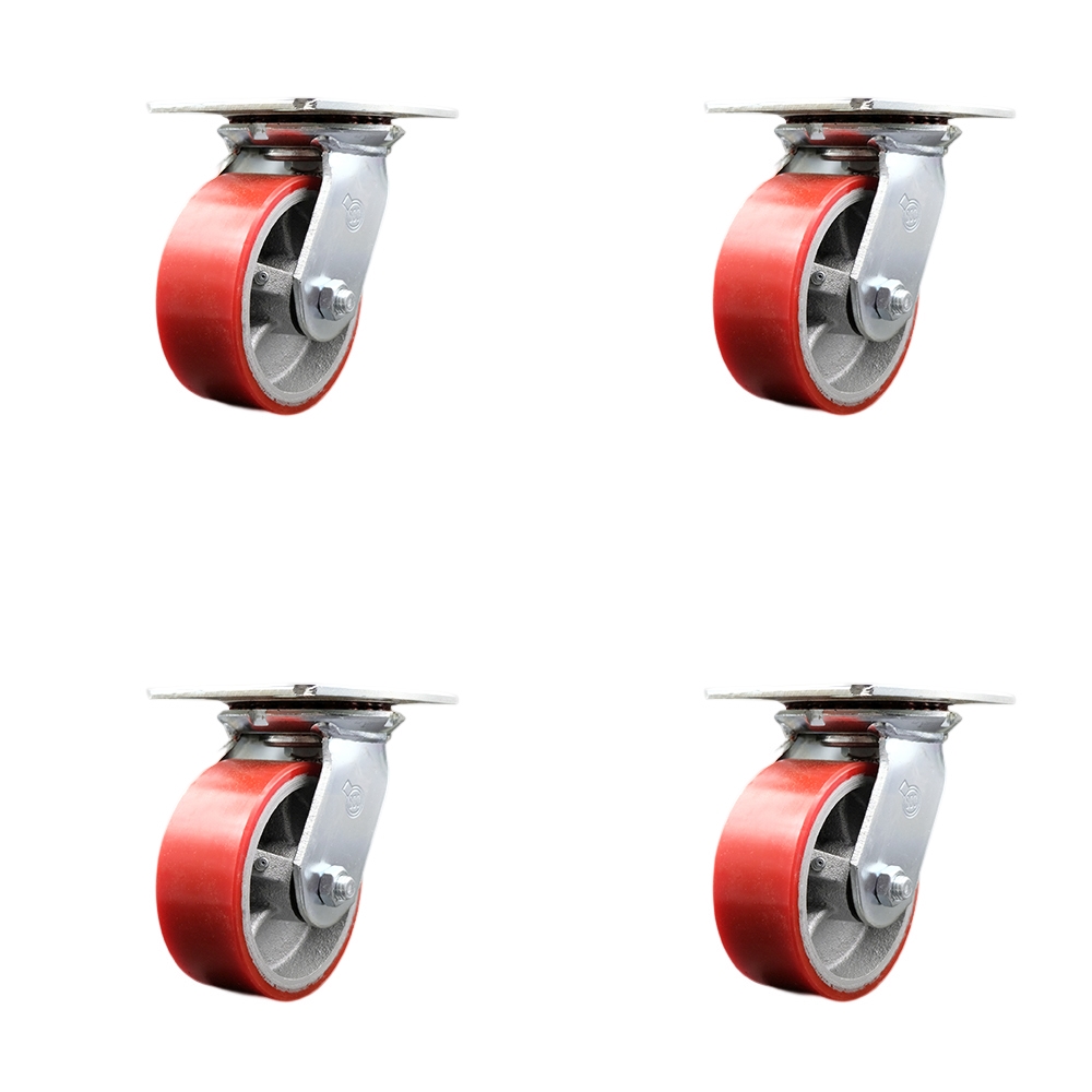 Heavy Duty Large Top Plate Polyurethane on Cast Iron Swivel Caster Set of 4 w/5" x 2" Red Wheels - Includes 4 Swivel - 3600 lbs Total Capacity - Service Caster Brand — photo 1