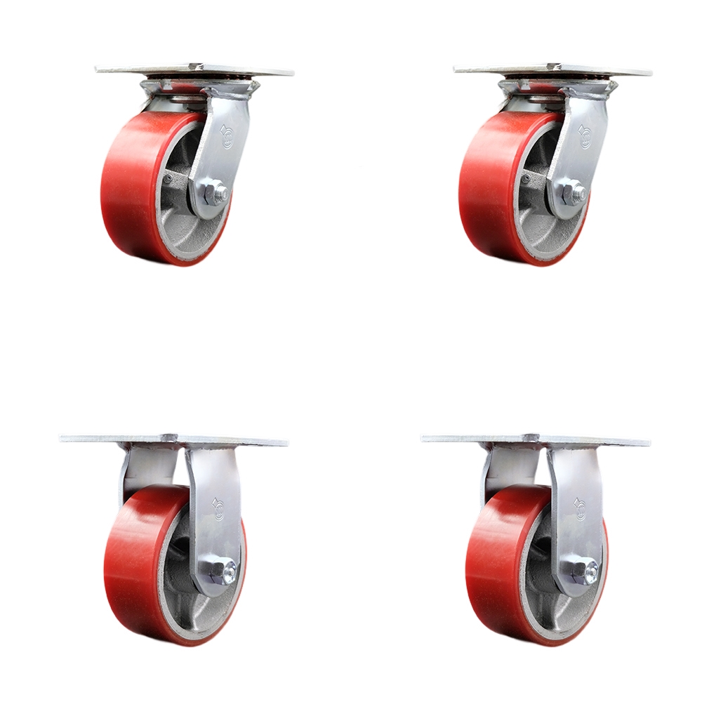 Heavy Duty Large Top Plate Polyurethane on Cast Iron Swivel Caster Set of 4 w/5" x 2" Red Wheels - Includes 2 Swivel with Bolt on Swivel Locks& 2 Rigid - 3600 lbs Total Capacity - Service Caster Brand — photo 1