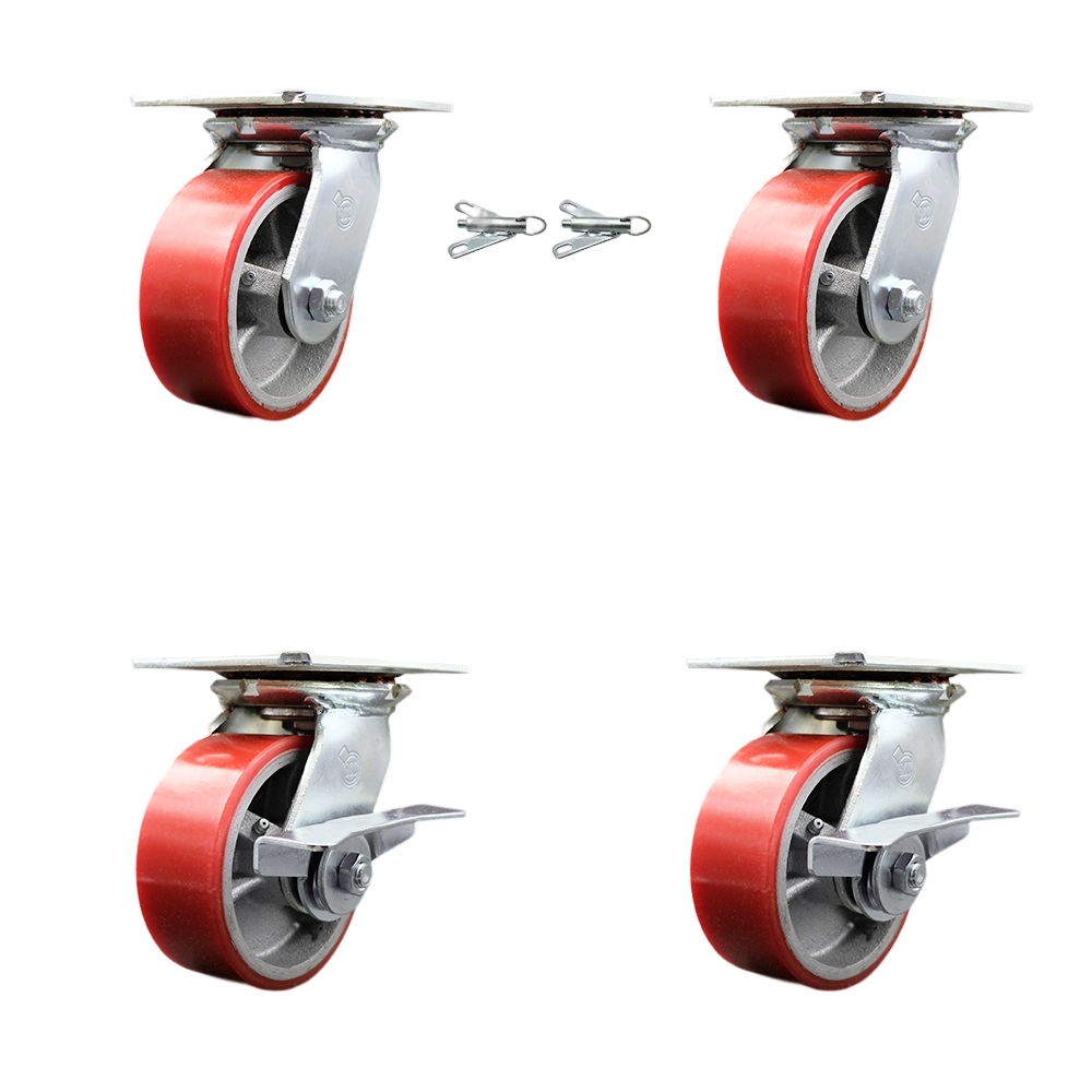 Heavy Duty Large Top Plate Polyurethane on Cast Iron Swivel Caster Set of 4 w/5" x 2" Red Wheels-Includes 2 Swivel with Bolt on Swvl Lcks& 2 Swvl with Brakes-3600 lbs Total Cpty - Service Caster Brand — photo 1