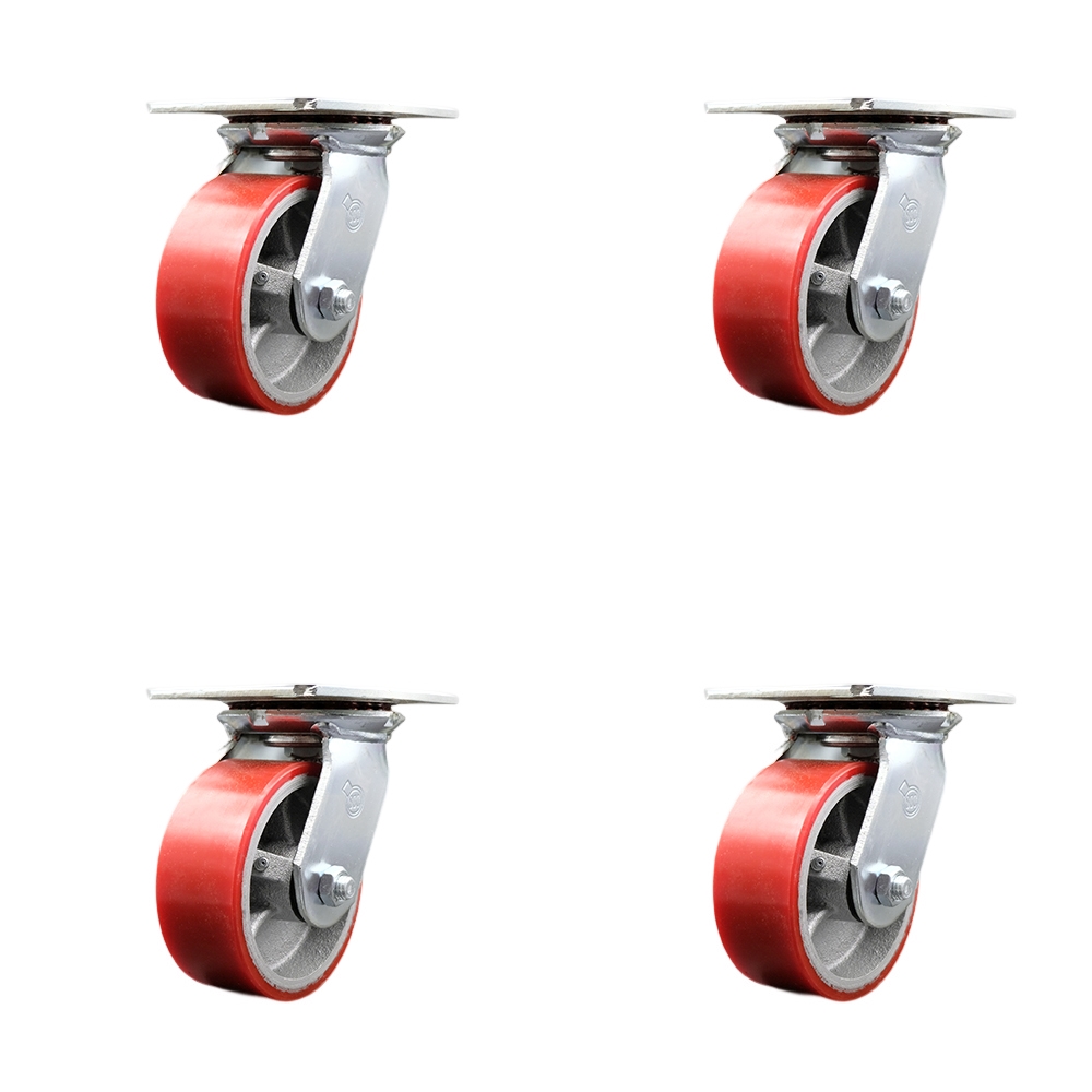 Heavy Duty Large Top Plate Polyurethane on Cast Iron Swivel Caster w/Main. Free Bearings Set of 4 w/5" x 2" Red Wheels-Includes 4 Swivel w/Bolt on Swvl Locks-4000 lbs Total Cpty - Service Caster Brand — photo 1