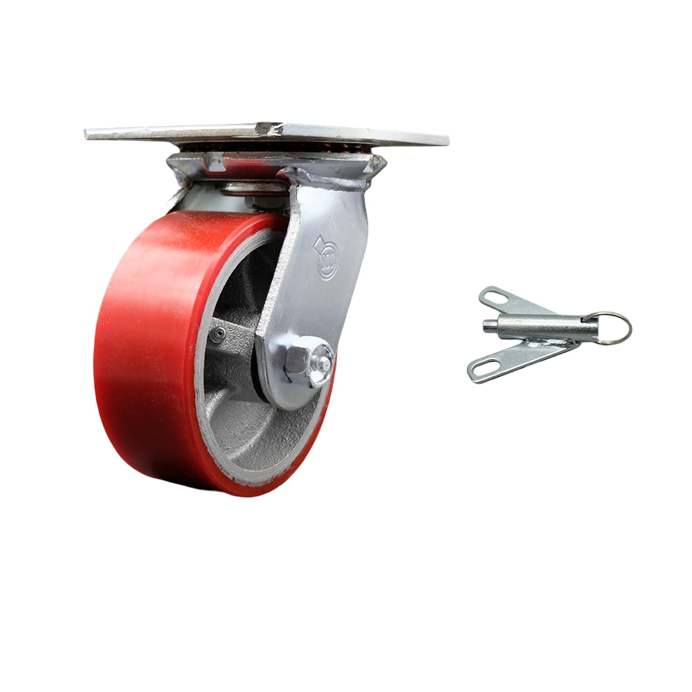 Heavy Duty Large Top Plate Polyurethane on Cast Iron Swivel Caster w/Main. Free Bearings and 5" x 2" Red Wheel & Bolt on Swivel Lock - 900 lbs Capacity/Caster - Service Caster Brand — photo 1