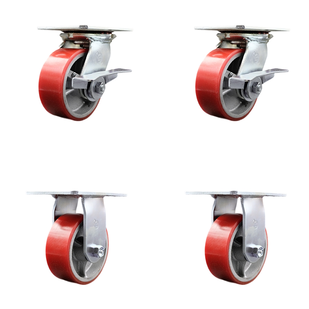 Heavy Duty Large Top Plate Polyurethane on Cast Iron Swivel Caster w/Main. Free Bearings Set of 4 w/5" x 2" Red Wheels- Includes 2 Swivel with Brakes&2 Rigid-4000 lbs Total Cpty - Service Caster Brand — photo 1