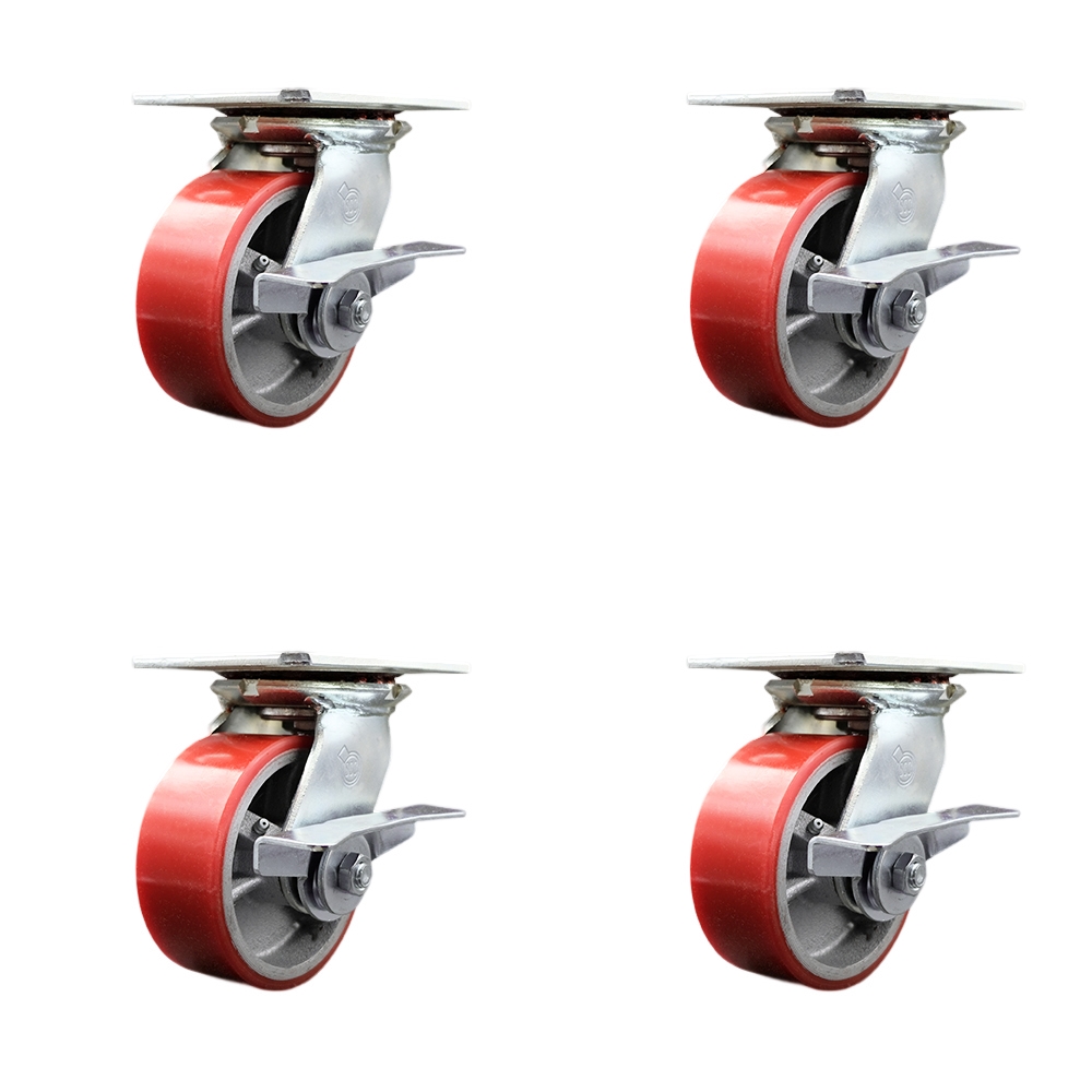 Heavy Duty Large Top Plate Polyurethane on Cast Iron Swivel Caster Set of 4 w/5" x 2" Red Wheels - Includes 4 Swivel w/Side Lck Brakes - 3600 lbs Total Capacity - Service Caster Brand — photo 1