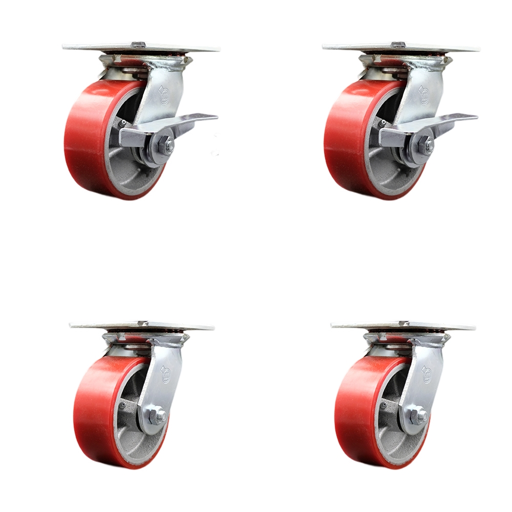 Heavy Duty Large Top Plate Poly on Cast Iron Swivel Caster w/Main. Free Bearings Set 4 w/5" x 2" Red Wheels-Includes 2 Swvl w/Brake and Bolt on Swvl Lck&2 Swvl w/Bolt on Swvl Lck- Service Caster Brand — photo 1
