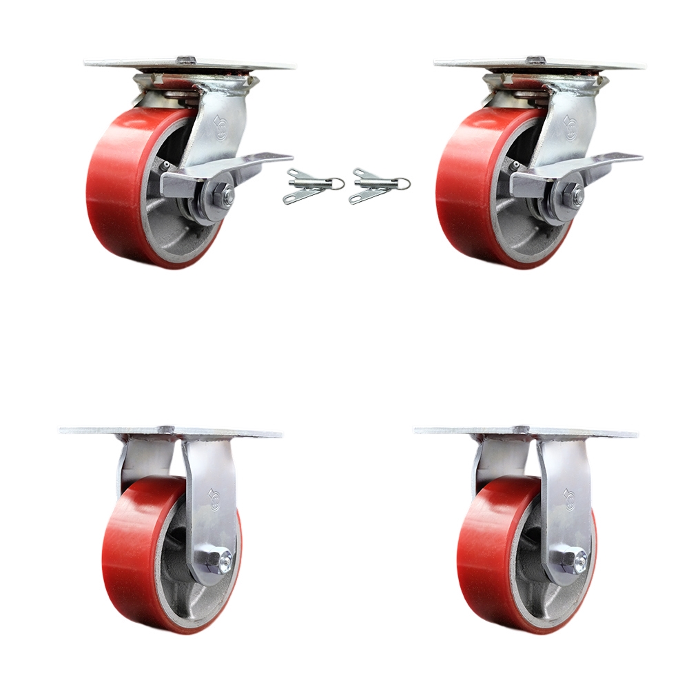 Heavy Duty Large Top Plate Polyurethane on Cast Iron Swivel Caster w/Main. Free Bearings Set of 4 w/5" x 2" Red Wheels- Includes 2 Swvl with Brakes and Bolt on Swivel Lcks&2 Rigid-Service Caster Brand — photo 1