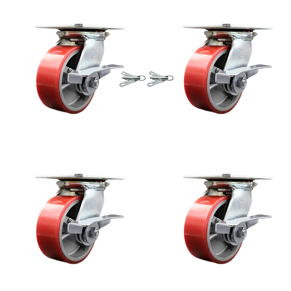 Heavy Duty Large Top Plate Poly on Cast Iron Swivel Caster Set 4 w/5" x 2" Red Wheels-Includes 2 Swivel with Brakes and Bolt on Swvl Locks&2 Swvl with Brakes-3600 lbs Total Cpty - Service Caster Brand — photo 1
