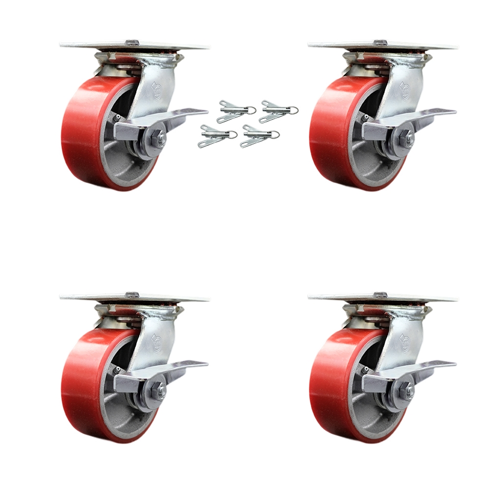Heavy Duty Large Top Plate Polyurethane on Cast Iron Swivel Caster Set of 4 w/5" x 2" Red Wheels - Includes 4 Swivel w/Side Lck Brakes&Bolt on Swvl Lcks - 3600lbs Total Capacity - Service Caster Brand — photo 1