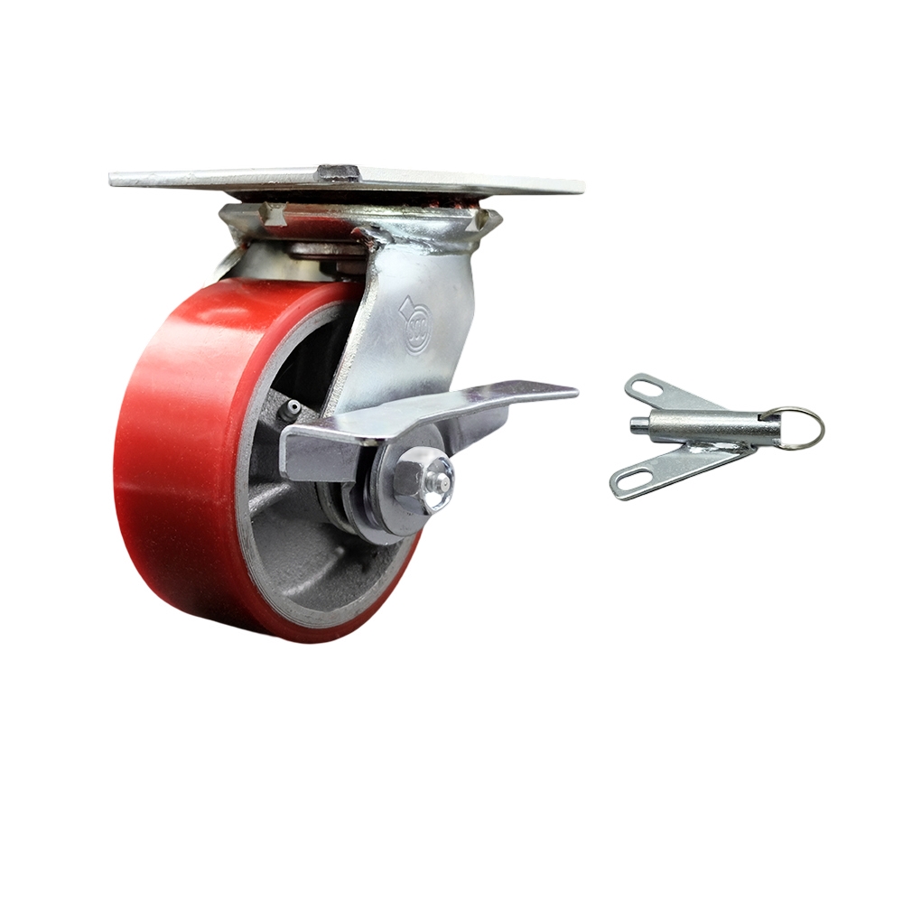 Heavy Duty Large Top Plate Polyurethane on Cast Iron Swivel Caster w/Main. Free Bearings and 5" x 2" Red Wheel & Side Lck Brake and Bolt on Swivel Lock - 900 lbs Capacity/Caster - Service Caster Brand — photo 1