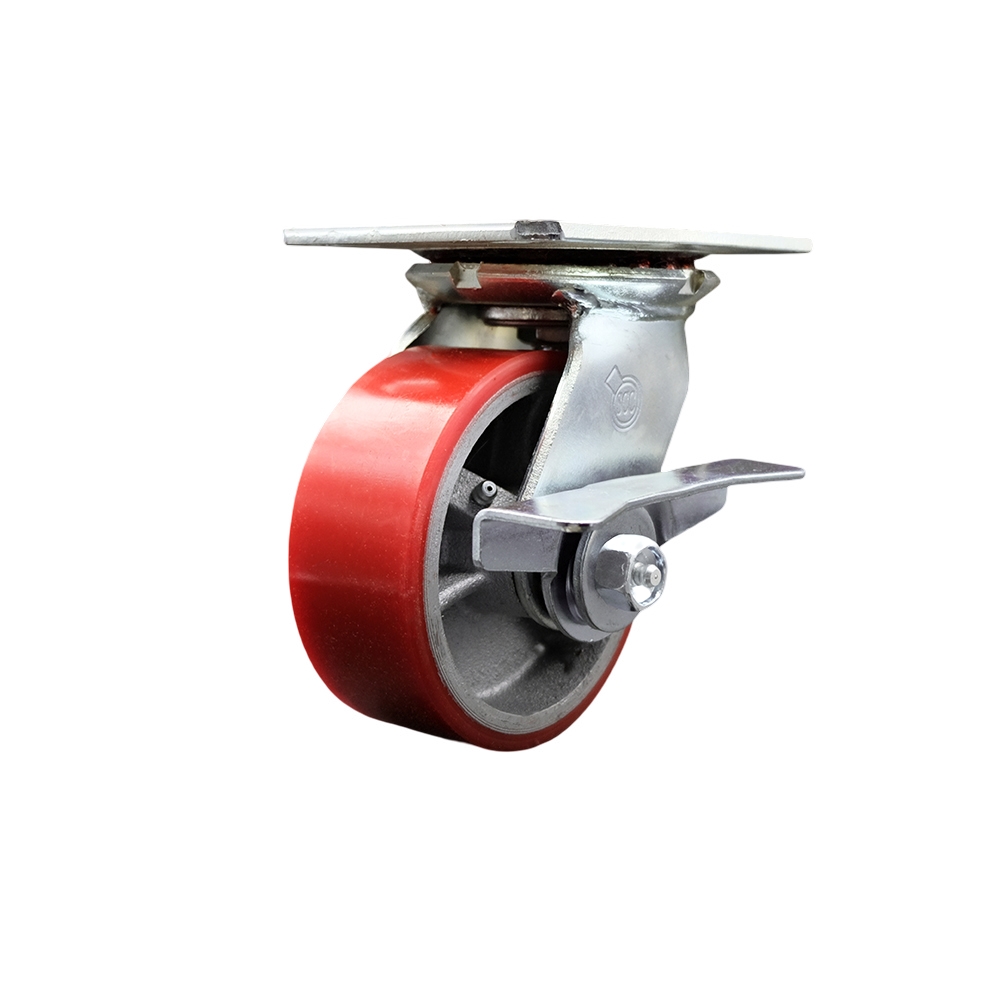 Heavy Duty Large Top Plate Polyurethane on Cast Iron Swivel Caster w/Main. Free Bearings and 5" x 2" Red Wheel & Side Lck Brake - 900 lbs Capacity/Caster - Service Caster Brand — photo 1