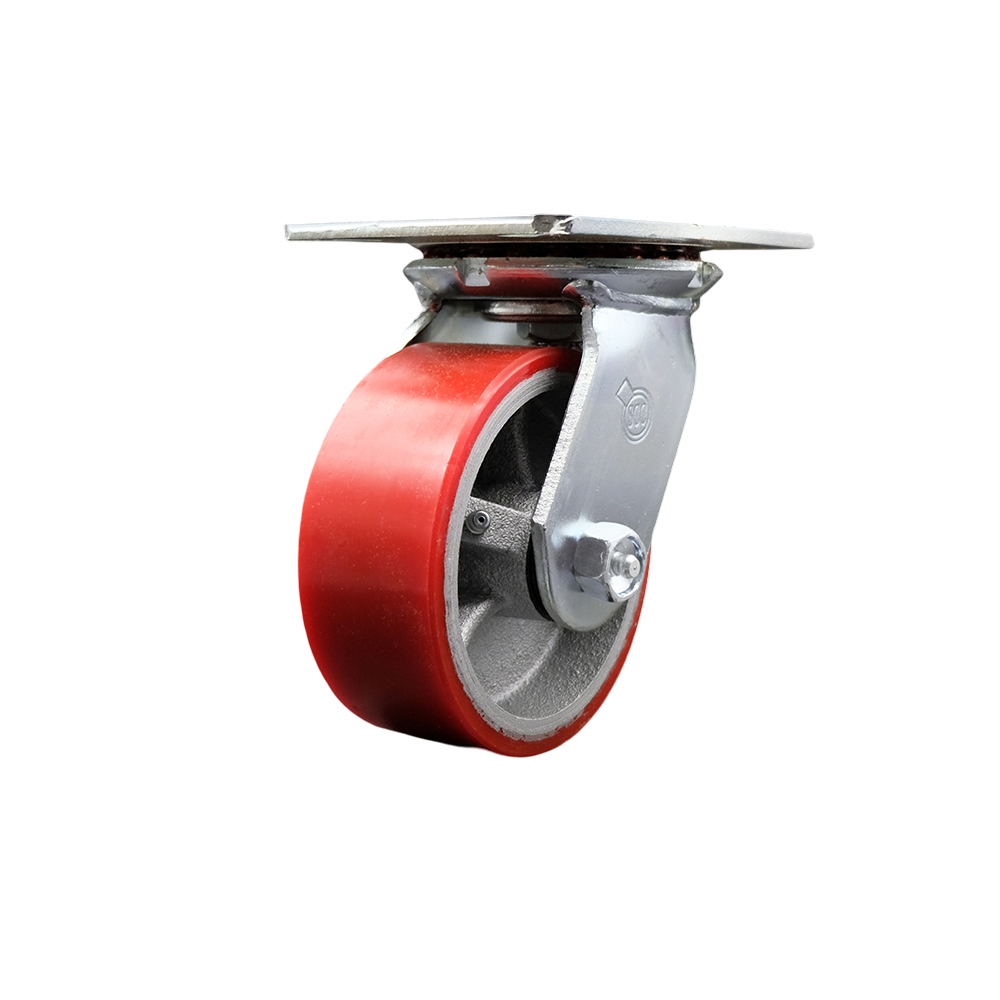 Heavy Duty Large Top Plate Polyurethane on Cast Iron Swivel Caster w/5" x 2" Red Wheel - 900 lbs Capacity/Caster - Service Caster Brand — photo 1