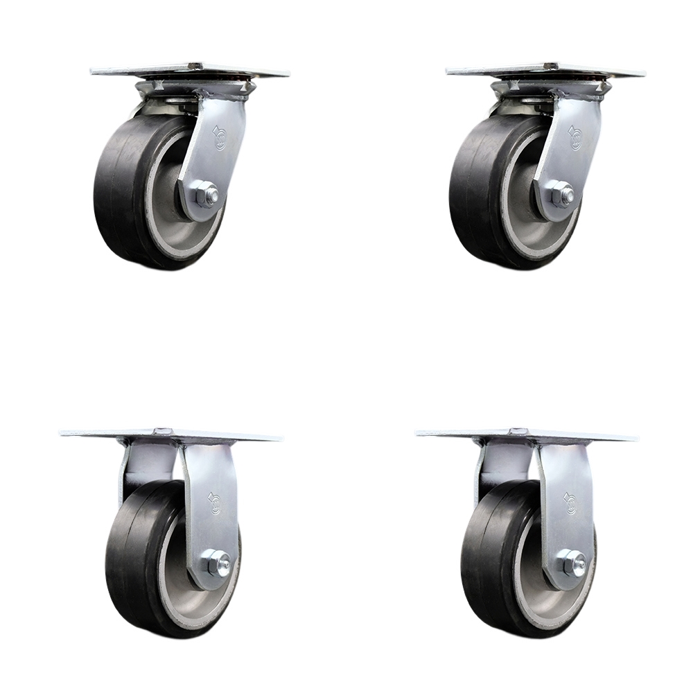 Heavy Duty Large Top Plate Rubber on Aluminum Swivel Caster w/Main. Free Bearings Set of 4 w/5" x 2" Black Wheels - Includes 2 Swivel & 2 Rigid - 2000 lbs Total Capacity - Service Caster Brand — photo 1