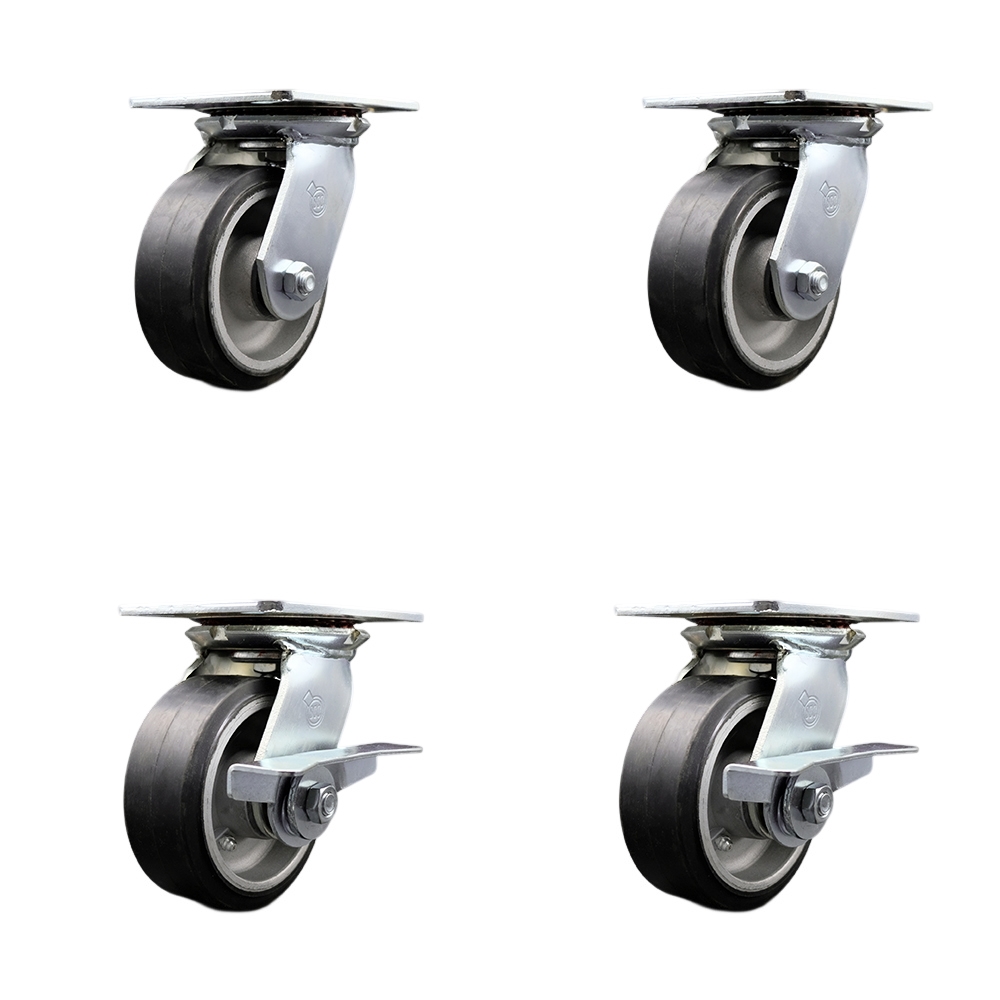 Heavy Duty Large Top Plate Rubber on Aluminum Swivel Caster Set of 4 w/5" x 2" Black Wheels - Includes 2 Swivel with Brakes & 2 Swivel - 2000 lbs Total Capacity - Service Caster Brand — photo 1