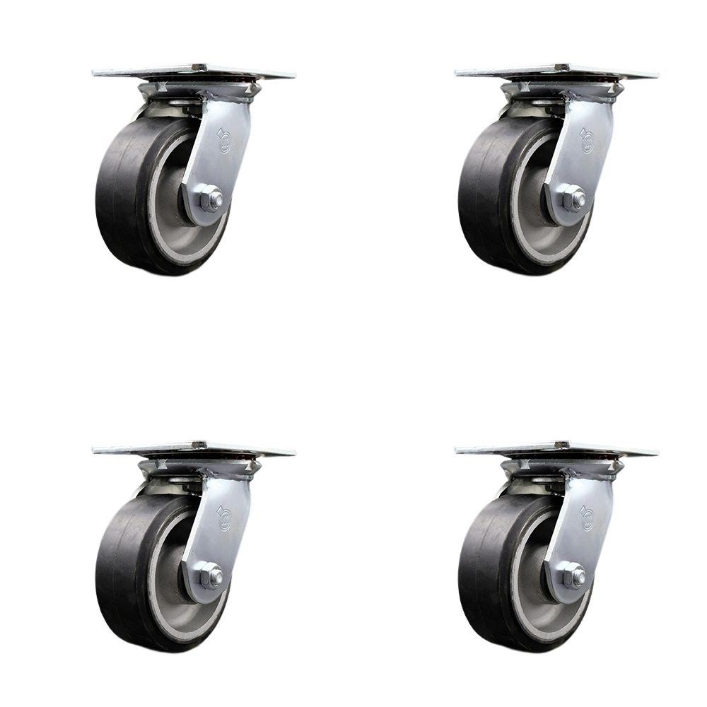 Heavy Duty Large Top Plate Rubber on Aluminum Swivel Caster w/Main. Free Bearings Set of 4 w/5" x 2" Black Wheels - Includes 4 Swivel - 2000 lbs Total Capacity - Service Caster Brand — photo 1