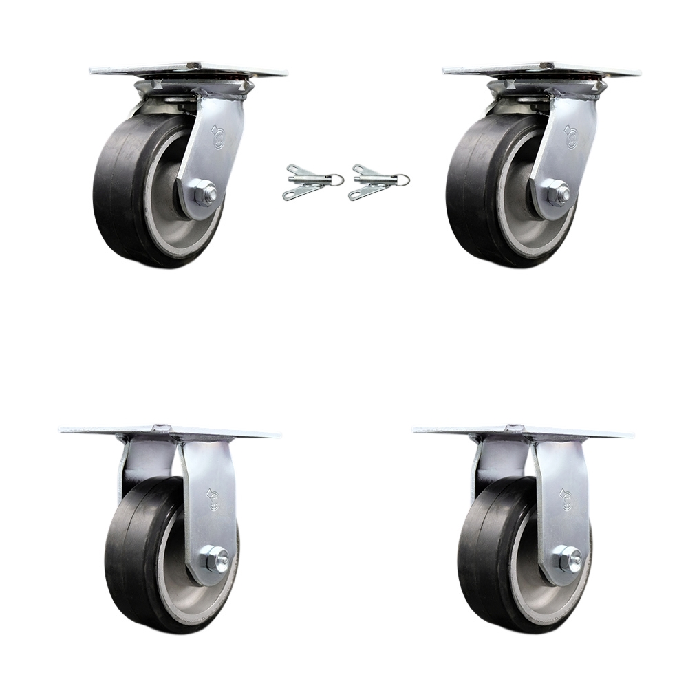 Heavy Duty Large Top Plate Rubber on Aluminum Swivel Caster w/Main. Free Bearings Set of 4 w/5" x 2" Black Wheels - Includes 2 Swivel with Bolt on Swivel Locks & 2 Rigid - Service Caster Brand — photo 1