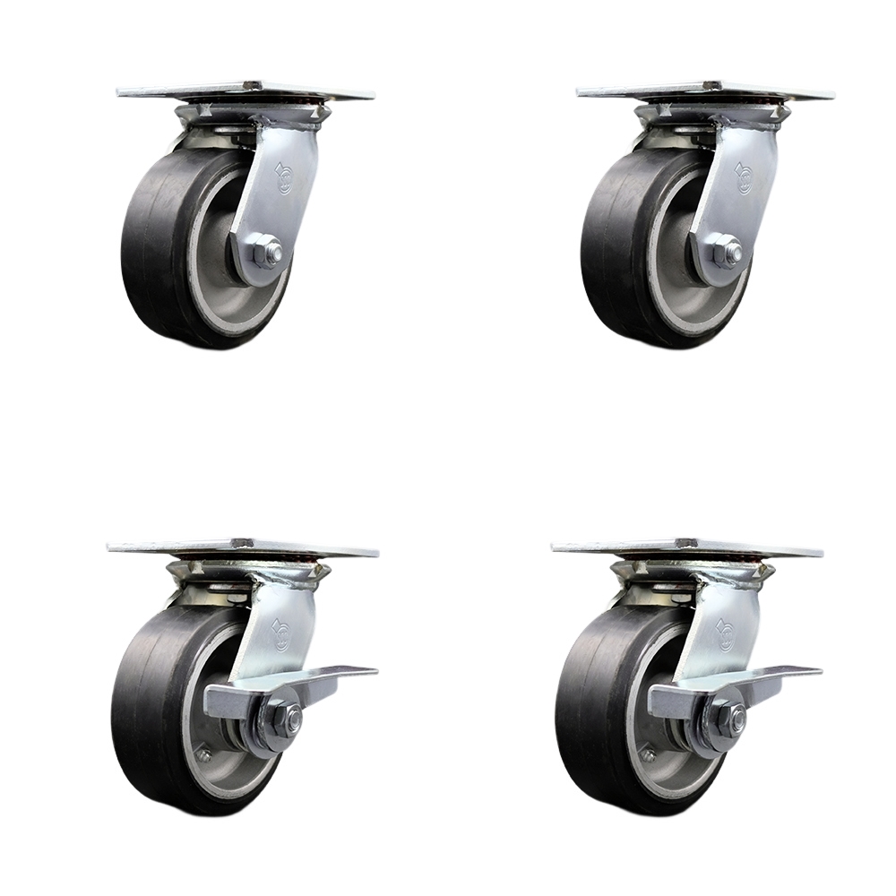 Heavy Duty Large Top Plate Rubber on Aluminum Swivel Caster w/Main. Free Bearings Set of 4 w/5" x 2" Black Wheels - Includes 2 Swivel with Bolt on Swivel Lcks&2 Swvl with Brakes - Service Caster Brand — photo 1