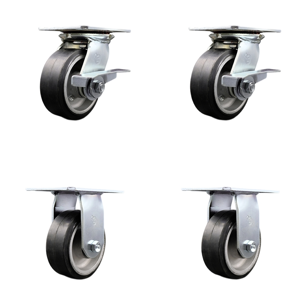 Heavy Duty Large Top Plate Rubber on Aluminum Swivel Caster w/Main. Free Bearings Set of 4 w/5" x 2" Black Wheels - Includes 2 Swivel with Brakes & 2 Rigid - 2000 lbs Total Cpty - Service Caster Brand — photo 1