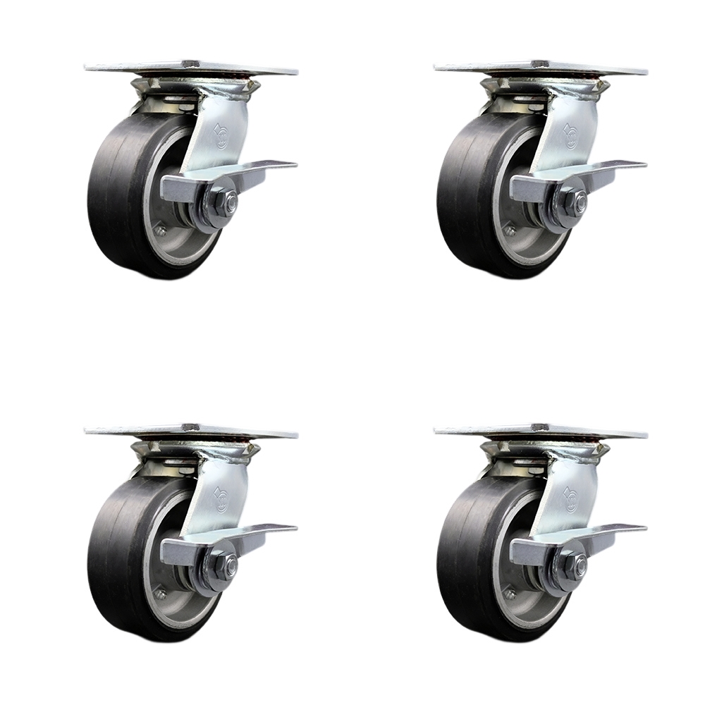 Heavy Duty Large Top Plate Rubber on Aluminum Swivel Caster w/Main. Free Bearings Set of 4 w/5" x 2" Black Wheels - Includes 4 Swivel w/Side Lck Brakes - 2000 lbs Total Capacity - Service Caster Brand — photo 1