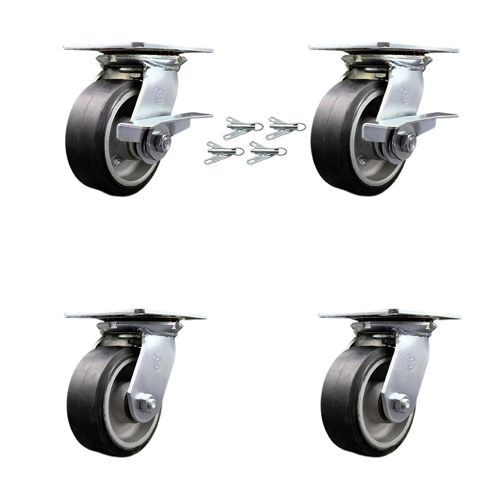 Heavy Duty Large Top Plate Rubber on Alum. Swivel Caster w/Main. Free Bearing Set 4 w/5" x 2" Black Wheel-Includes 2 Swvl w/Brakes and Bolt on Swvl Lck& 2 Swvl w/Bolt on Swvl Lck- Service Caster Brand — photo 1
