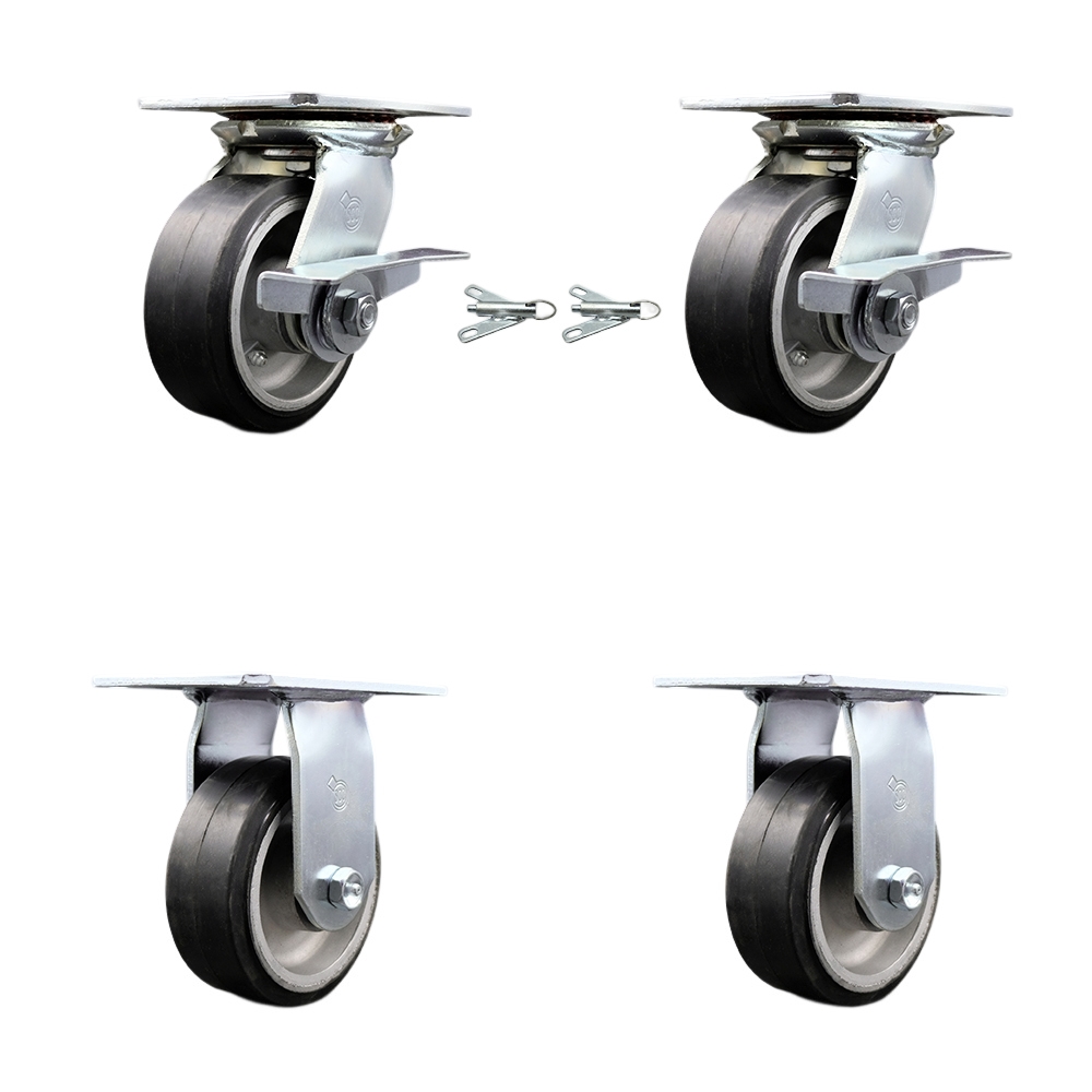 Heavy Duty Large Top Plate Rubber on Aluminum Swivel Caster Set of 4 w/5" x 2" Black Wheels - Includes 2 Swivel with Brakes and Bolt on Swivel Locks & 2 Rigid-2000lbs Total Cpty - Service Caster Brand — photo 1