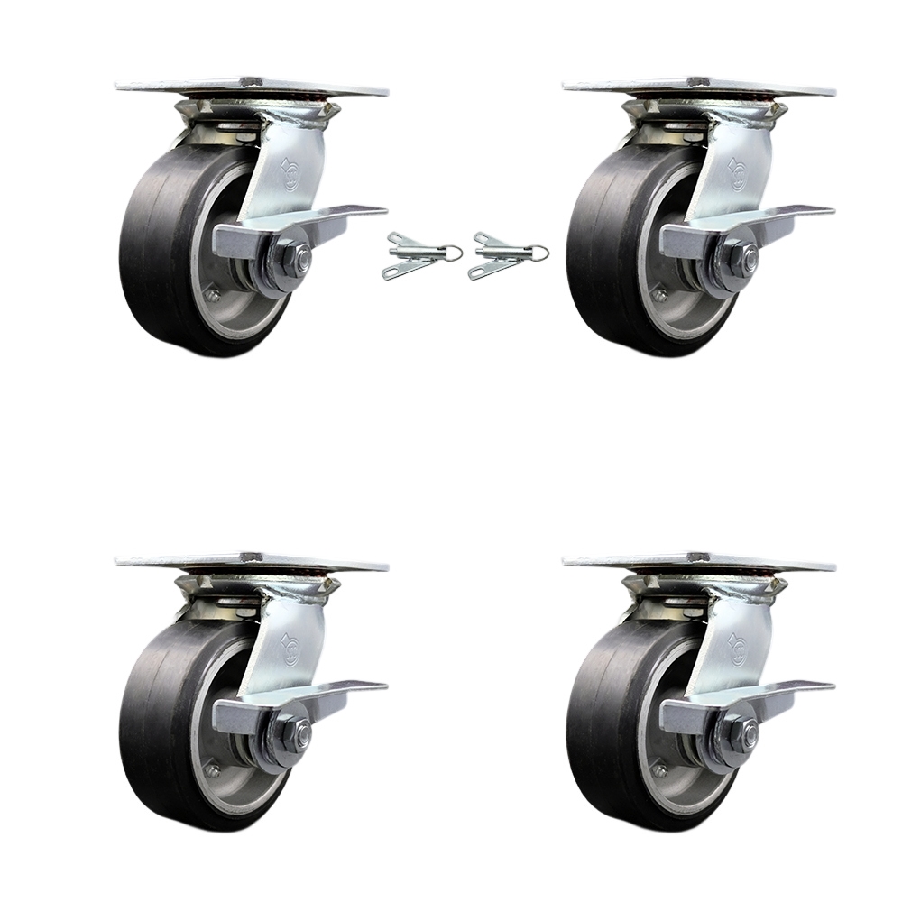 Heavy Duty Large Top Plate Rubber on Aluminum Swivel Caster Set 4 w/5" x 2" Black Wheels-Includes 2 Swivel with Brakes and Bolt on Swvl Lcks&2 Swvl with Brakes-2000 lbs Total Cpty-Service Caster Brand — photo 1
