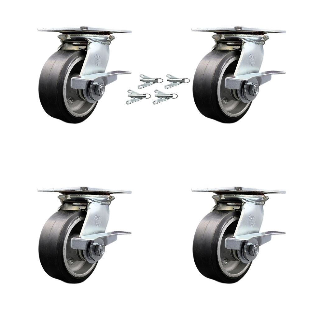 Heavy Duty Large Top Plate Rubber on Aluminum Swivel Caster Set of 4 w/5" x 2" Black Wheels - Includes 4 Swivel w/Side Lck Brakes & Bolt on Swivel Locks- 2000 lbs Total Capacity - Service Caster Brand — photo 1