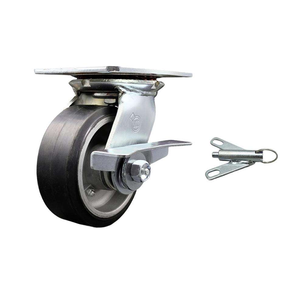 Heavy Duty Large Top Plate Rubber on Aluminum Swivel Caster w/Main. Free Bearings and 5" x 2" Black Wheel & Side Lck Brake and Bolt on Swivel Lock - 500 lbs Capacity/Caster - Service Caster Brand — photo 1