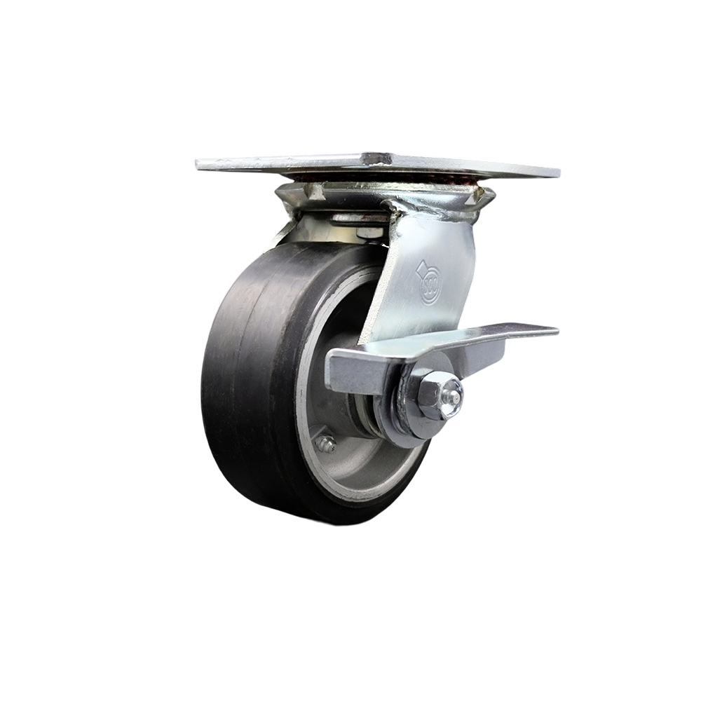 Heavy Duty Large Top Plate Rubber on Aluminum Swivel Caster w/Main. Free Bearings and 5" x 2" Black Wheel & Side Lck Brake - 500 lbs Capacity/Caster - Service Caster Brand — photo 1