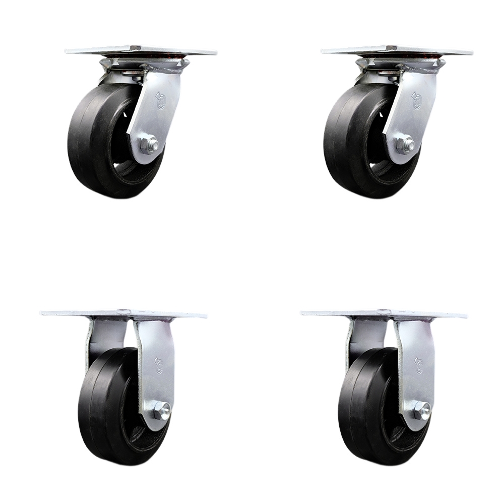 Heavy Duty Large Top Plate Rubber on Cast Iron Swivel Caster Set of 4 w/5" x 2" Black Wheels - Includes 2 Swivel & 2 Rigid - 1600 lbs Total Capacity - Service Caster Brand — photo 1