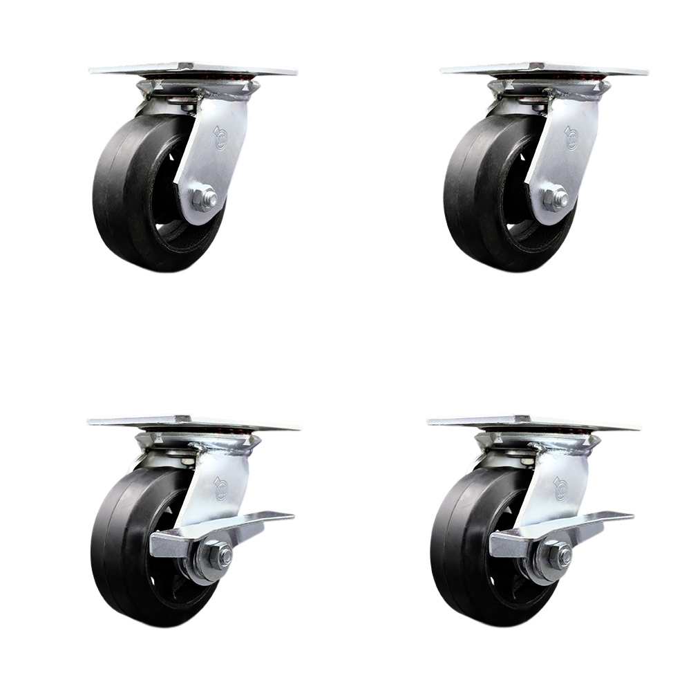 Heavy Duty Large Top Plate Rubber on Cast Iron Swivel Caster Set of 4 w/5" x 2" Black Wheels - Includes 2 Swivel with Brakes & 2 Swivel - 1600 lbs Total Capacity - Service Caster Brand — photo 1