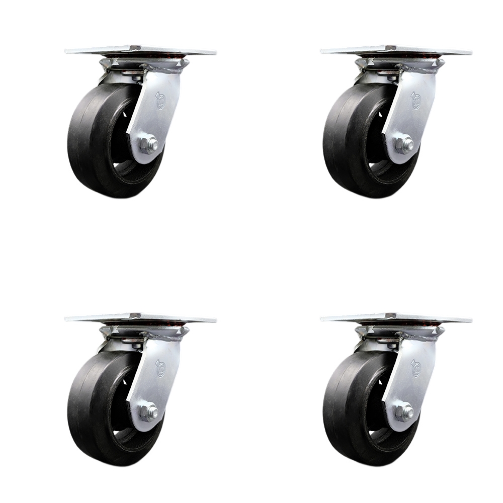 Heavy Duty Large Top Plate Rubber on Cast Iron Swivel Caster w/Main. Free Bearings Set of 4 w/5" x 2" Black Wheels - Includes 4 Swivel - 1600 lbs Total Capacity - Service Caster Brand — photo 1