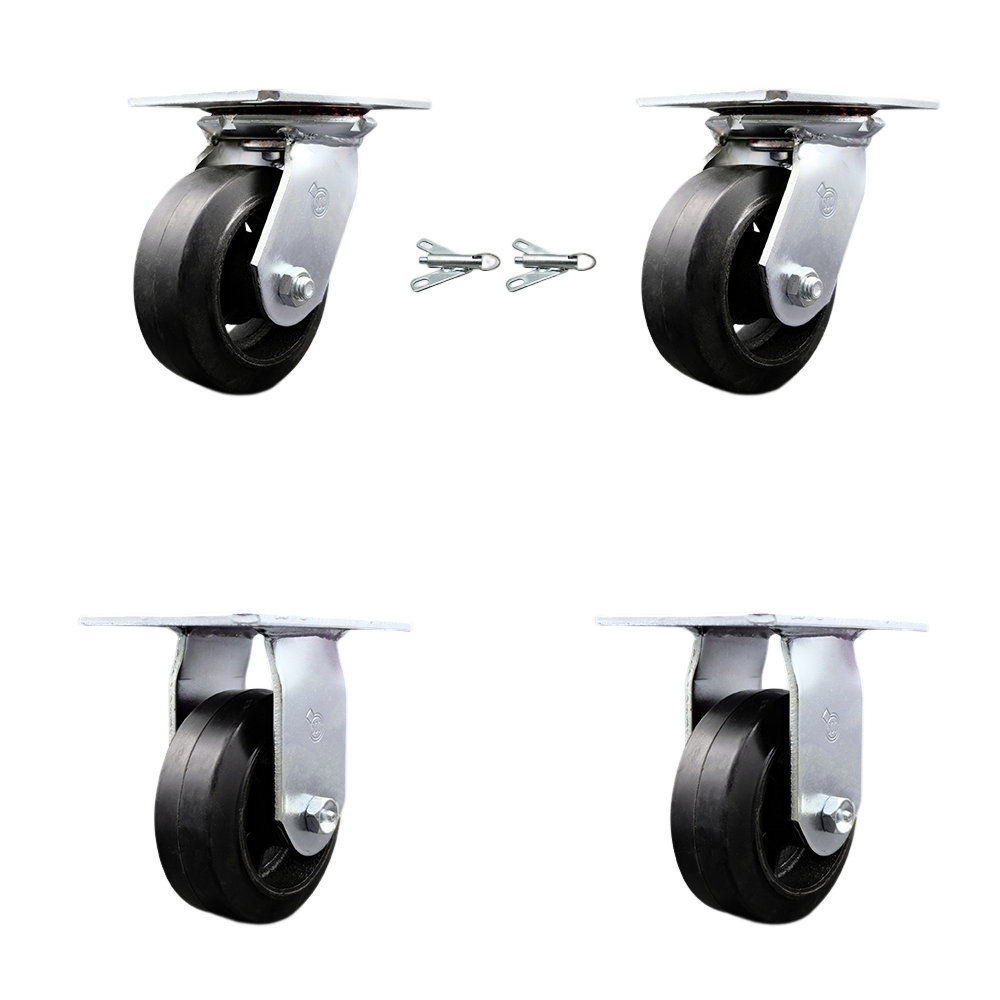 Heavy Duty Large Top Plate Rubber on Cast Iron Swivel Caster w/Main. Free Bearings Set of 4 w/5" x 2" Black Wheels - Includes 2 Swivel with Bolt on Swivel Locks & 2 Rigid - Service Caster Brand — photo 1