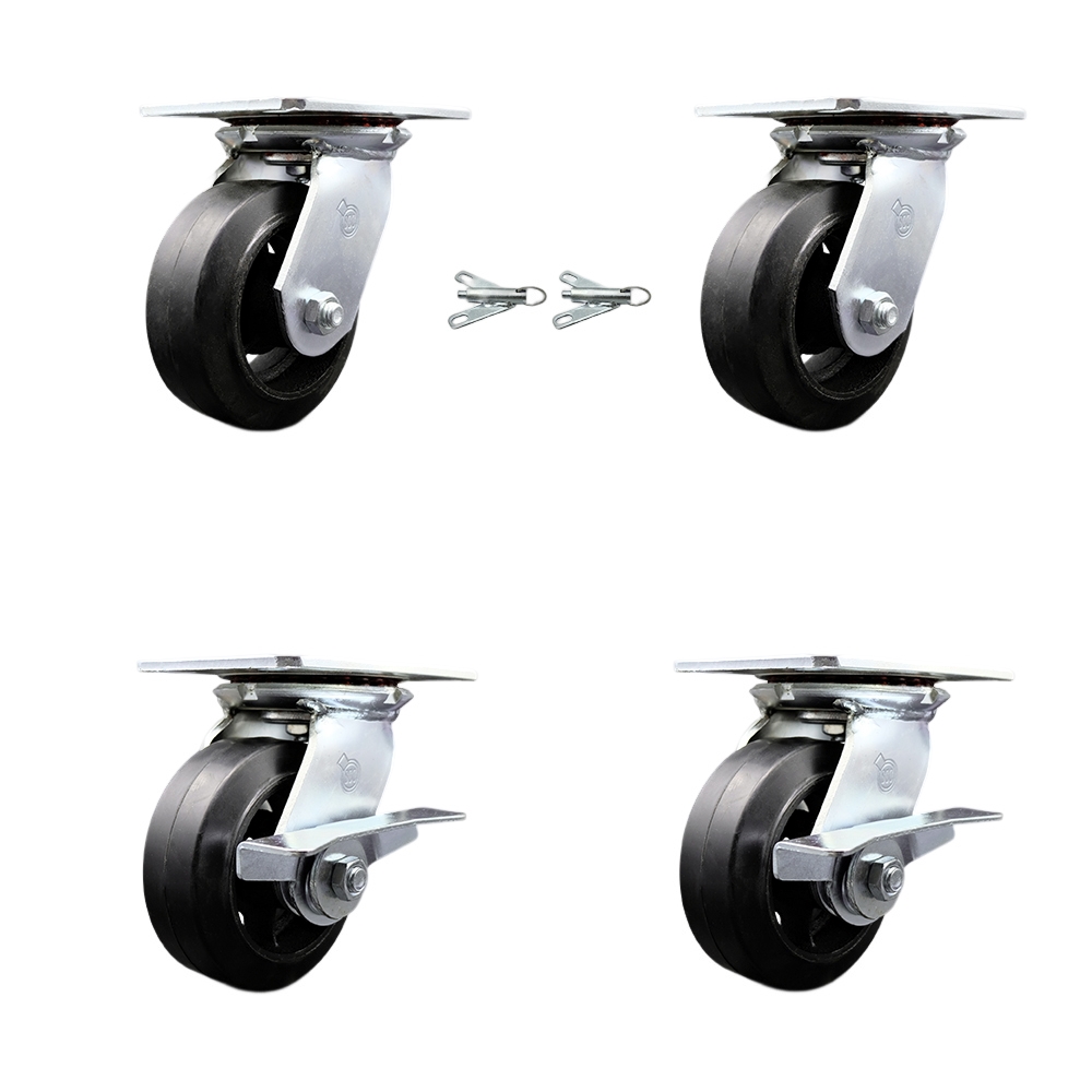 Heavy Duty Large Top Plate Rubber on Cast Iron Swivel Caster w/Main. Free Bearings Set of 4 w/5" x 2" Black Wheels - Includes 2 Swivel with Bolt on Swivel Lcks&2 Swvl with Brakes- Service Caster Brand — photo 1
