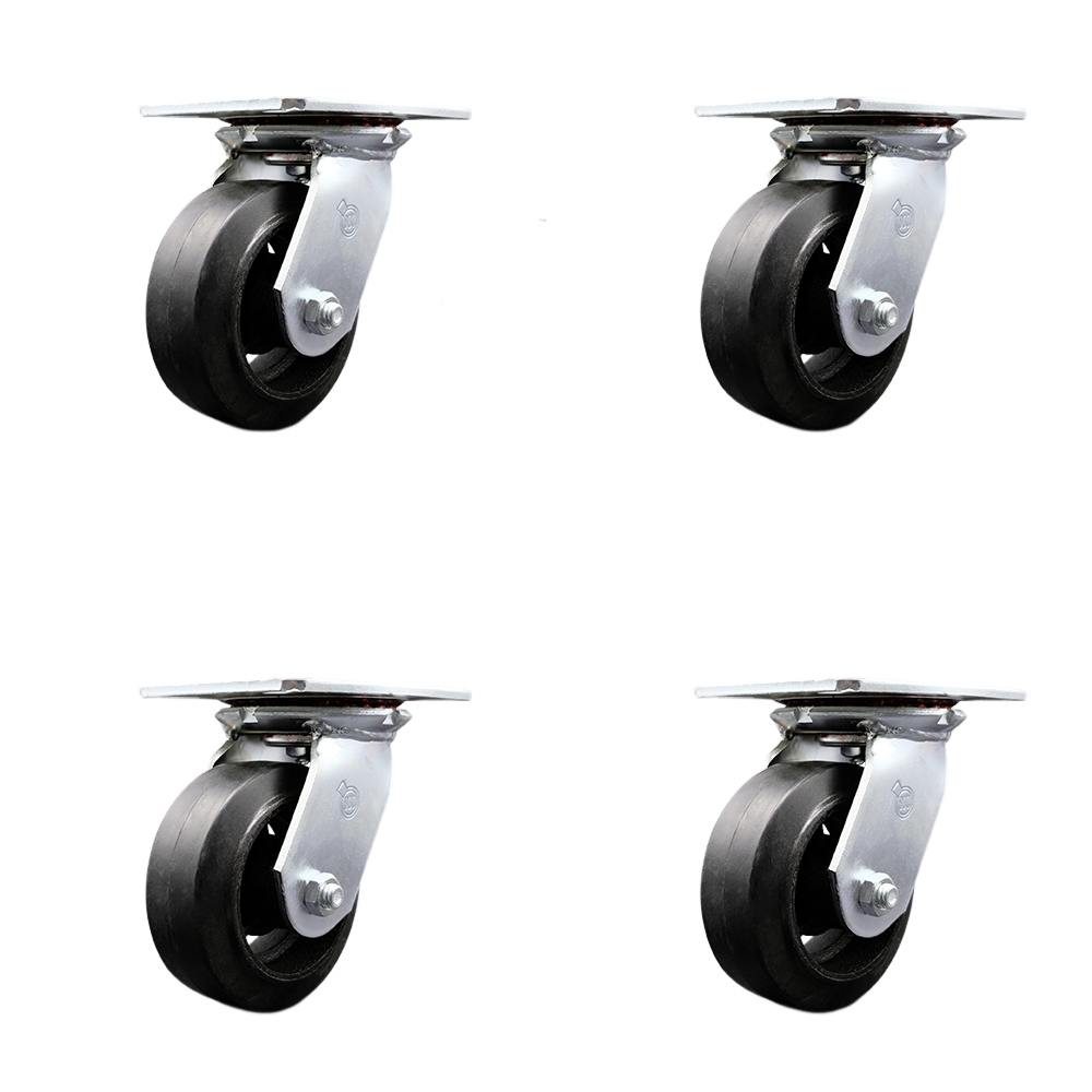 Heavy Duty Large Top Plate Rubber on Cast Iron Swivel Caster w/Main. Free Bearings Set of 4 w/5" x 2" Black Wheels - Includes 4 Swivel w/Bolt on Swivel Locks- 1600lbs Total Cpty - Service Caster Brand — photo 1