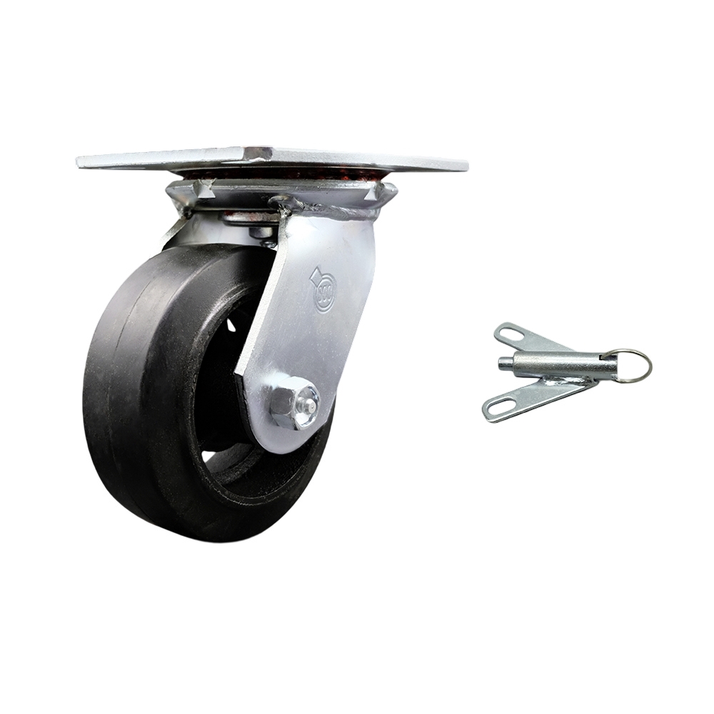 Heavy Duty Large Top Plate Rubber on Cast Iron Swivel Caster w/5" x 2" Black Wheel & Bolt on Swivel Lock - 400 lbs Capacity/Caster - Service Caster Brand — photo 1