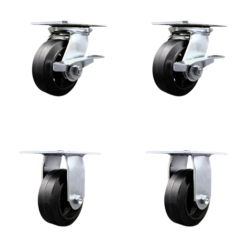 Heavy Duty Large Top Plate Rubber on Cast Iron Swivel Caster Set of 4 w/5" x 2" Black Wheels - Includes 2 Swivel with Brakes & 2 Rigid - 1600 lbs Total Capacity - Service Caster Brand — photo 1