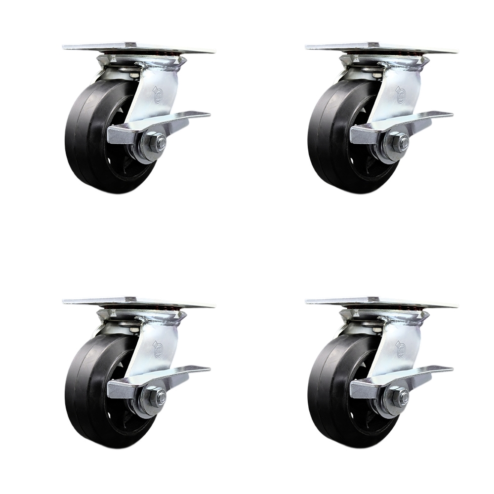 Heavy Duty Large Top Plate Rubber on Cast Iron Swivel Caster w/Main. Free Bearings Set of 4 w/5" x 2" Black Wheels - Includes 4 Swivel w/Side Lck Brakes - 1600lbs Total Capacity - Service Caster Brand — photo 1