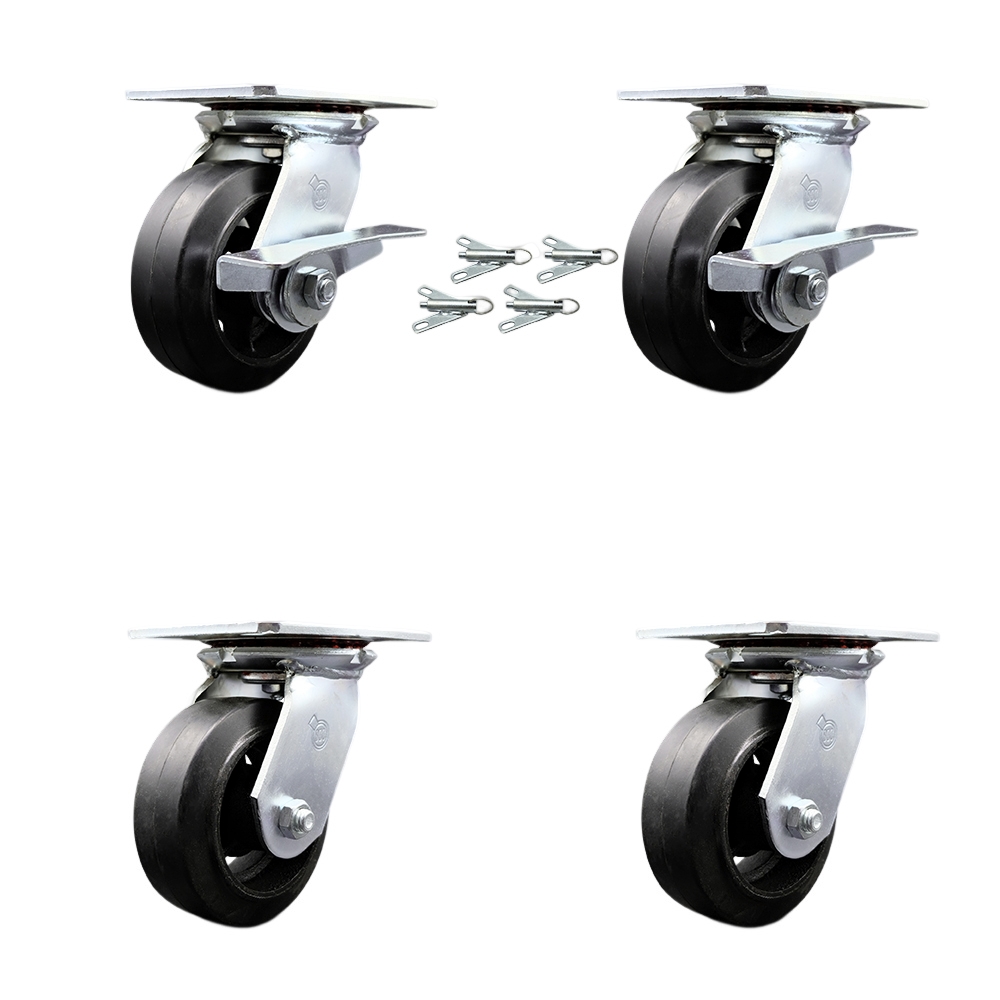 Heavy Duty Large Top Plate Rubber on Cast Iron Swivel Caster Set 4 w/5" x 2" Black Wheel-Includes 2 Swvl w/BRKs and Bolt on Swvl Lck& 2 Swvl w/Bolt on Swvl Lck-1600lbs Total Cpty- Service Caster Brand — photo 1