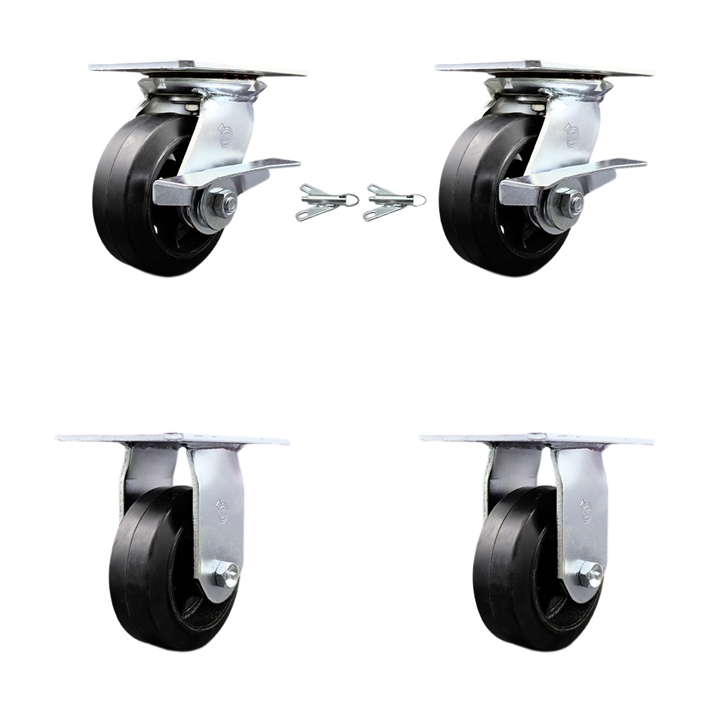 Heavy Duty Large Top Plate Rubber on Cast Iron Swivel Caster w/Main. Free Bearings Set of 4 w/5" x 2" Black Wheels - Includes 2 Swivel with Brakes and Bolt on Swivel Lcks&2 Rigid- Service Caster Brand — photo 1