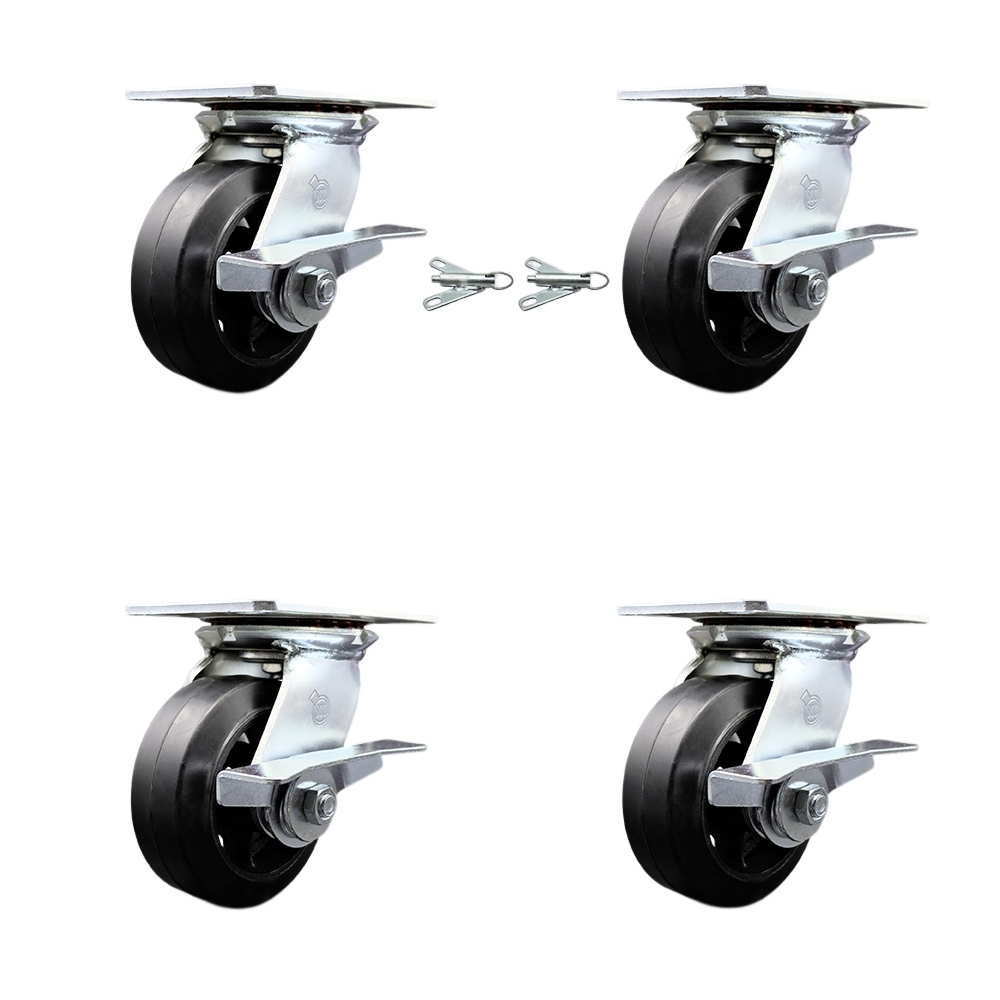 Heavy Duty Large Top Plate Rubber on Cast Iron Swivel Caster w/Main. Free Bearings Set 4 w/5" x 2" Black Wheels-Includes 2 Swivel with BRKs and Bolt on Swvl Lck&2 Swvl with Brakes-Service Caster Brand — photo 1
