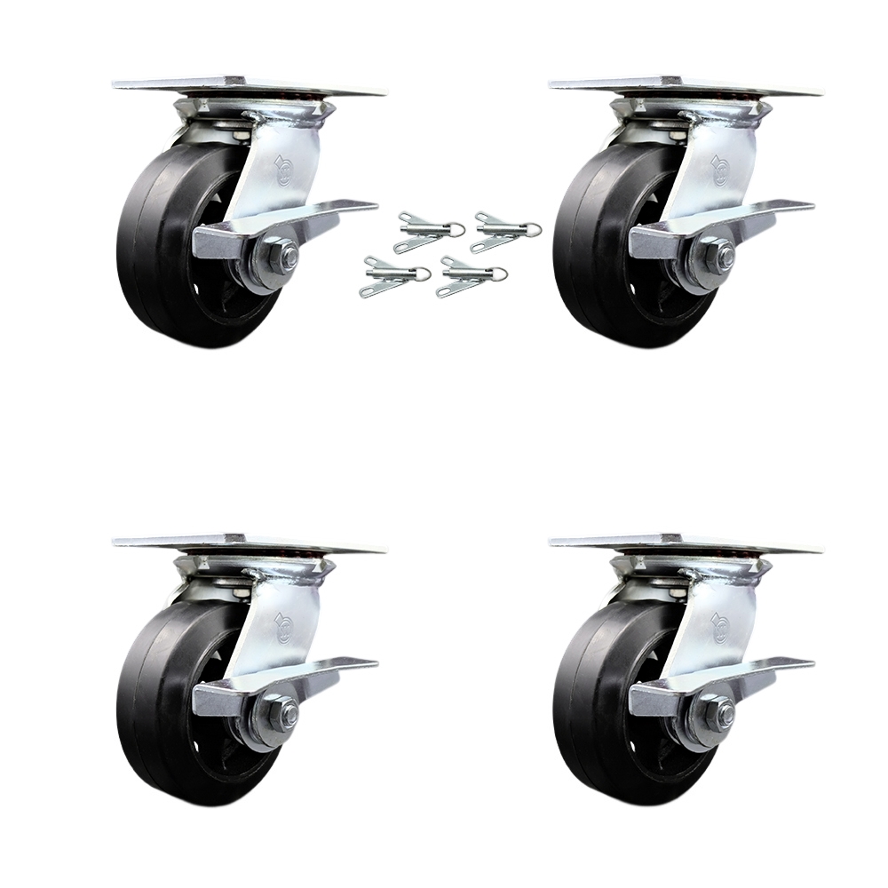 Heavy Duty Large Top Plate Rubber on Cast Iron Swivel Caster w/Main. Free Bearings Set of 4 w/5" x 2" Black Wheels - Includes 4 Swivel w/Side Lck Brakes & Bolt on Swivel Locks - Service Caster Brand — photo 1