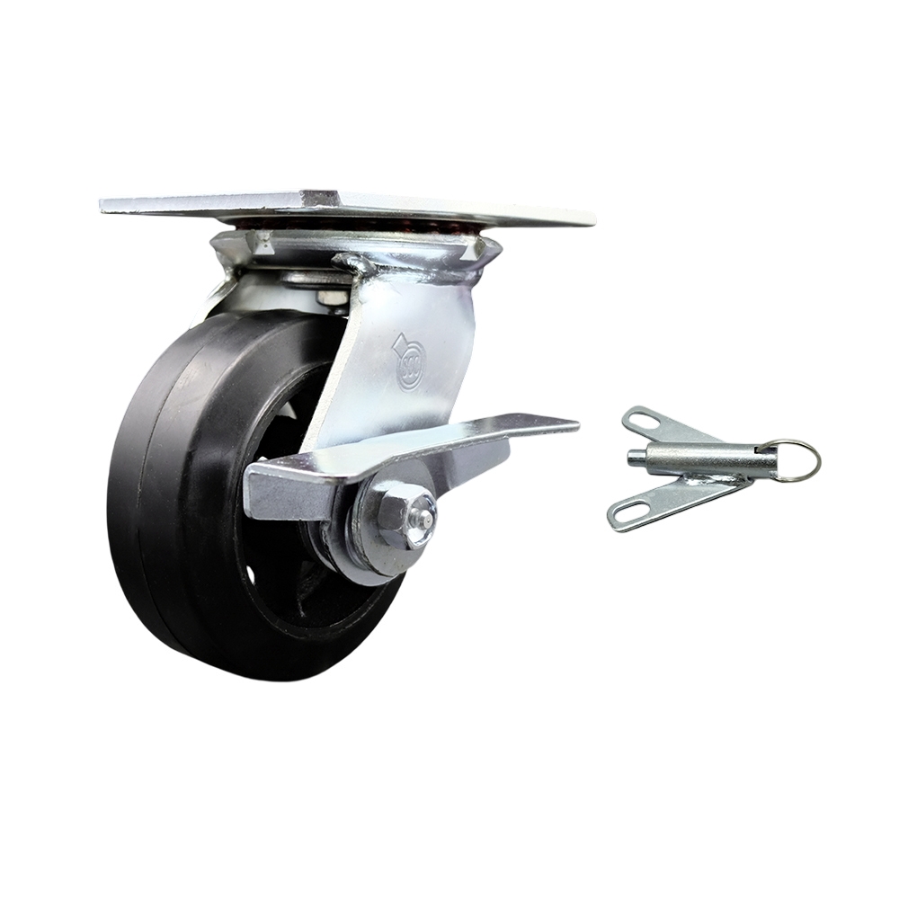 Heavy Duty Large Top Plate Rubber on Cast Iron Swivel Caster w/Main. Free Bearings and 5" x 2" Black Wheel & Side Lck Brake and Bolt on Swivel Lock - 400 lbs Capacity/Caster - Service Caster Brand — photo 1