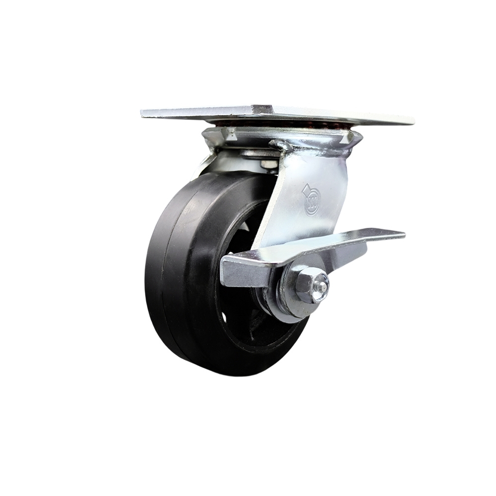 Heavy Duty Large Top Plate Rubber on Cast Iron Swivel Caster w/Main. Free Bearings and 5" x 2" Black Wheel & Side Lck Brake - 400 lbs Capacity/Caster - Service Caster Brand — photo 1