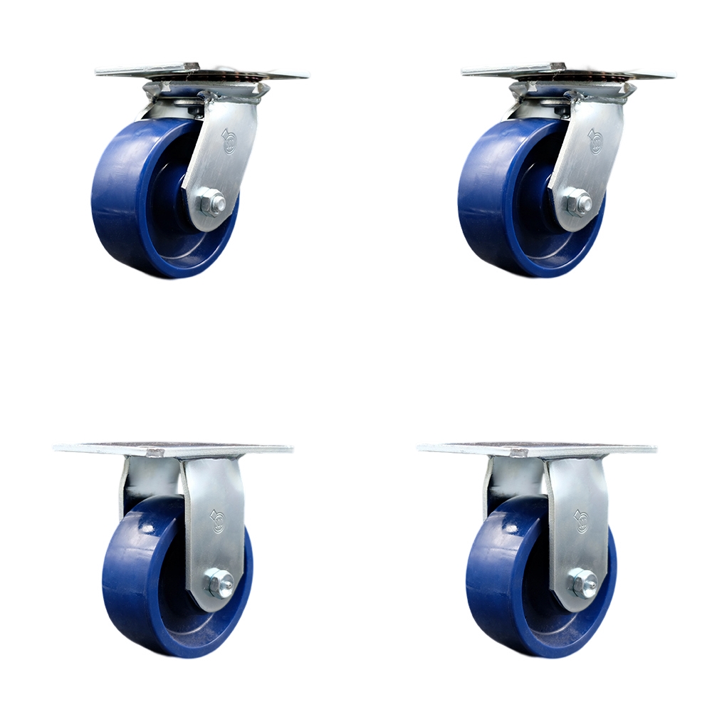 Heavy Duty Large Top Plate Solid Polyurethane Swivel Caster Set of 4 w/5" x 2" Blue Wheels - Includes 2 Swivel & 2 Rigid - 4000 lbs Total Capacity - Service Caster Brand — photo 1