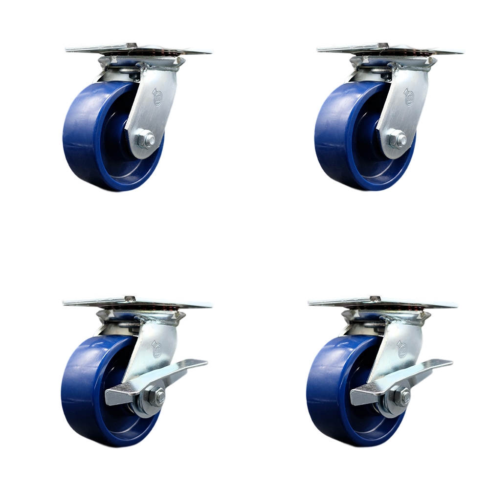Heavy Duty Large Top Plate Solid Polyurethane Swivel Caster Set of 4 w/5" x 2" Blue Wheels - Includes 2 Swivel with Brakes & 2 Swivel - 4000 lbs Total Capacity - Service Caster Brand — photo 1