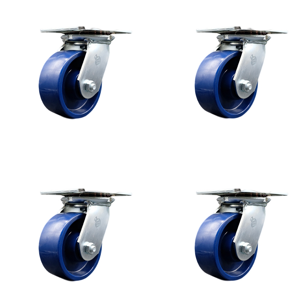 Heavy Duty Large Top Plate Solid Polyurethane Swivel Caster Set of 4 w/5" x 2" Blue Wheels - Includes 4 Swivel - 4000 lbs Total Capacity - Service Caster Brand — photo 1