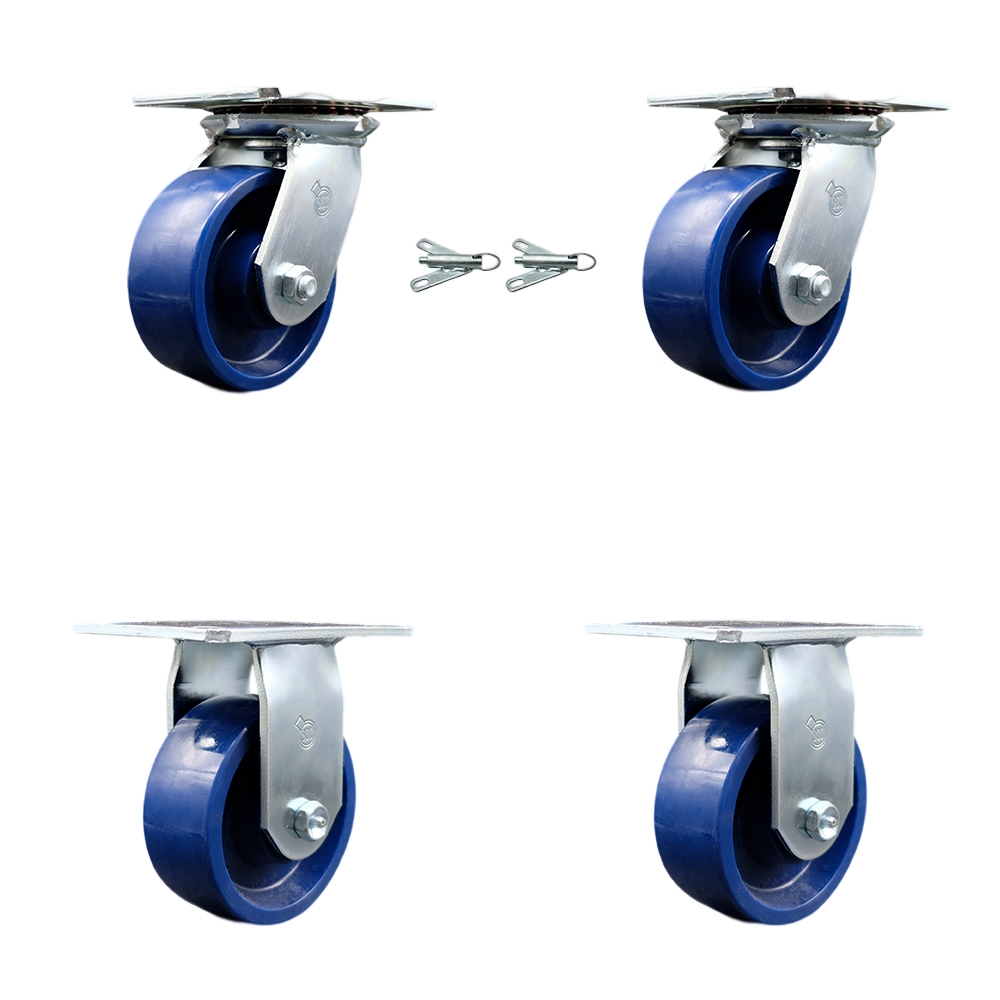 Heavy Duty Large Top Plate Solid Polyurethane Swivel Caster w/Main. Free Bearings Set of 4 w/5" x 2" Blue Wheels - Includes 2 Swivel with Bolt on Swivel Locks & 2 Rigid - Service Caster Brand — photo 1