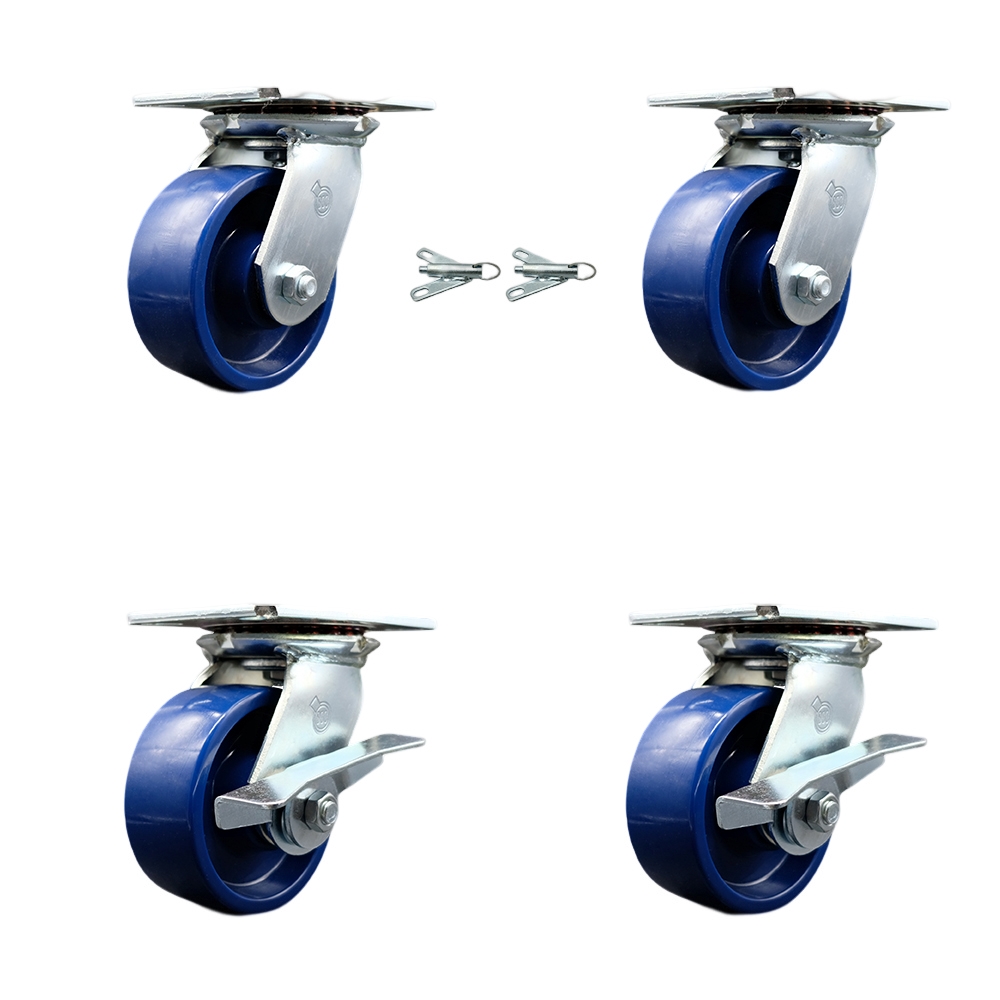 Heavy Duty Large Top Plate Solid Polyurethane Swivel Caster Set of 4 w/5" x 2" Blue Wheels - Includes 2 Swivel with Bolt on Swivel Locks&2 Swivel with Brakes-4000 lbs Total Cpty - Service Caster Brand — photo 1