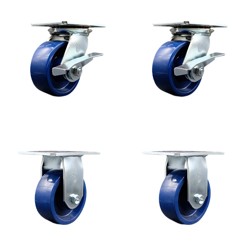 Heavy Duty Large Top Plate Solid Polyurethane Swivel Caster w/Main. Free Bearings Set of 4 w/5" x 2" Blue Wheels - Includes 2 Swivel with Brakes&2 Rigid- 4000 lbs Total Capacity - Service Caster Brand — photo 1