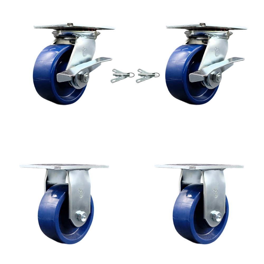 Heavy Duty Large Top Plate Solid Polyurethane Swivel Caster w/Main. Free Bearings Set of 4 w/5" x 2" Blue Wheels - Includes 2 Swivel with Brakes and Bolt on Swivel Lcks & 2 Rigid- Service Caster Brand — photo 1