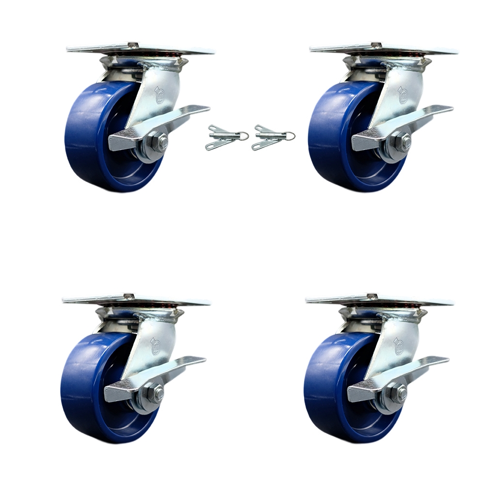 Heavy Duty Large Top Plate Solid Polyurethane Swivel Caster w/Main. Free Bearings Set 4 w/5" x 2" Blue Wheels-Includes 2 Swivel with Brakes and Bolt on Swvl Lcks&2 Swvl with Brake-Service Caster Brand — photo 1